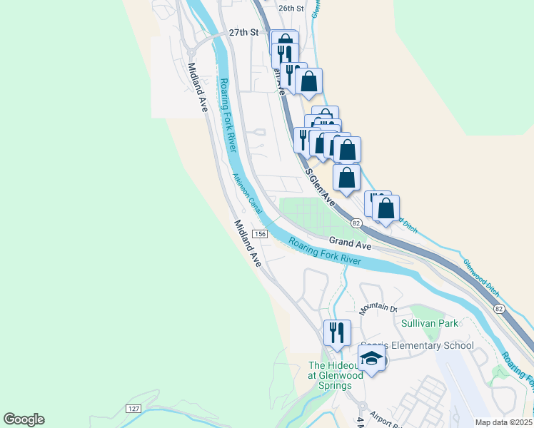 map of restaurants, bars, coffee shops, grocery stores, and more near 3322 Grand Avenue in Glenwood Springs