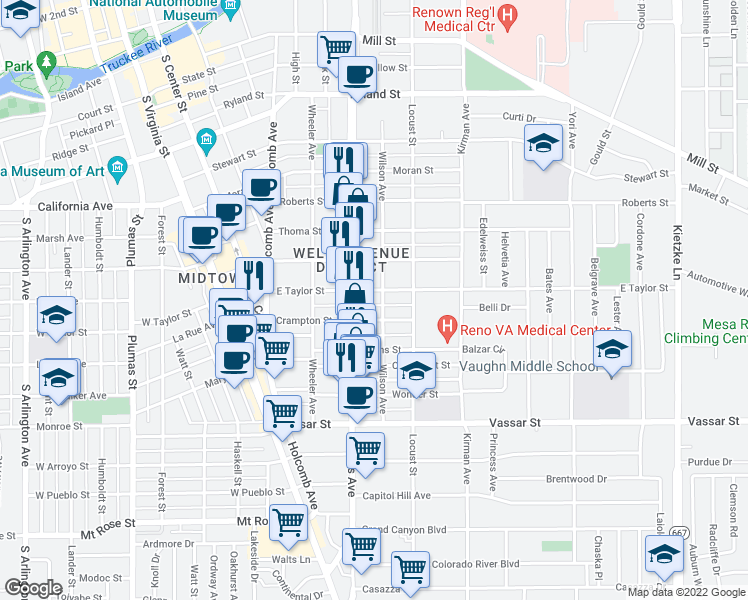 map of restaurants, bars, coffee shops, grocery stores, and more near 499 East Taylor Street in Reno