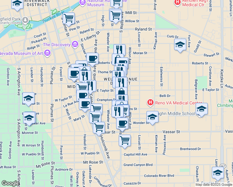 map of restaurants, bars, coffee shops, grocery stores, and more near 351 East Taylor Street in Reno