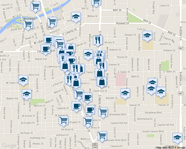 map of restaurants, bars, coffee shops, grocery stores, and more near 837 Wheeler Avenue in Reno