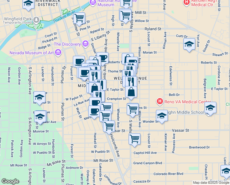 map of restaurants, bars, coffee shops, grocery stores, and more near 837 Wheeler Avenue in Reno