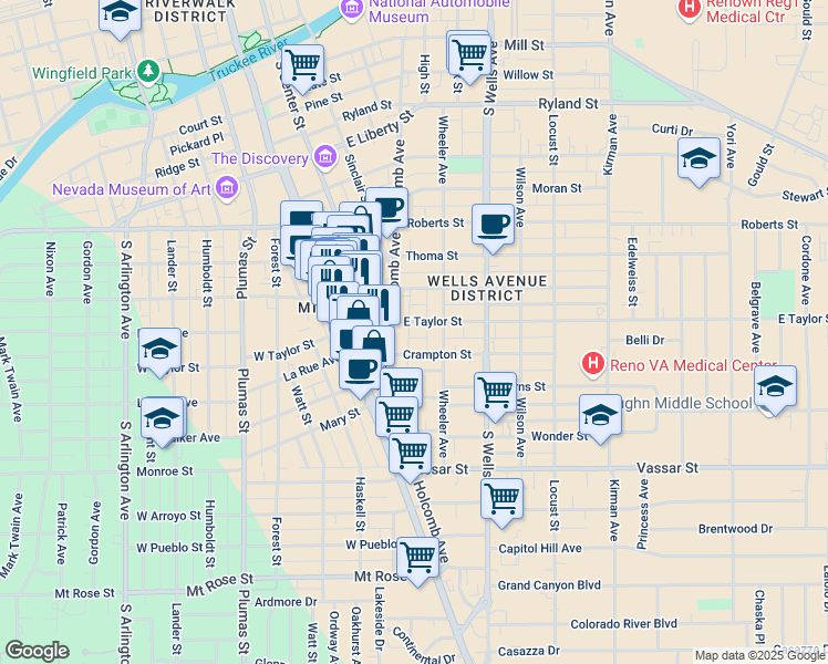 map of restaurants, bars, coffee shops, grocery stores, and more near 824 Holcomb Avenue in Reno