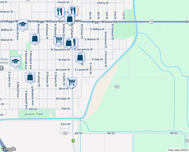 map of restaurants, bars, coffee shops, grocery stores, and more near 420 East Laurel Street in Willows