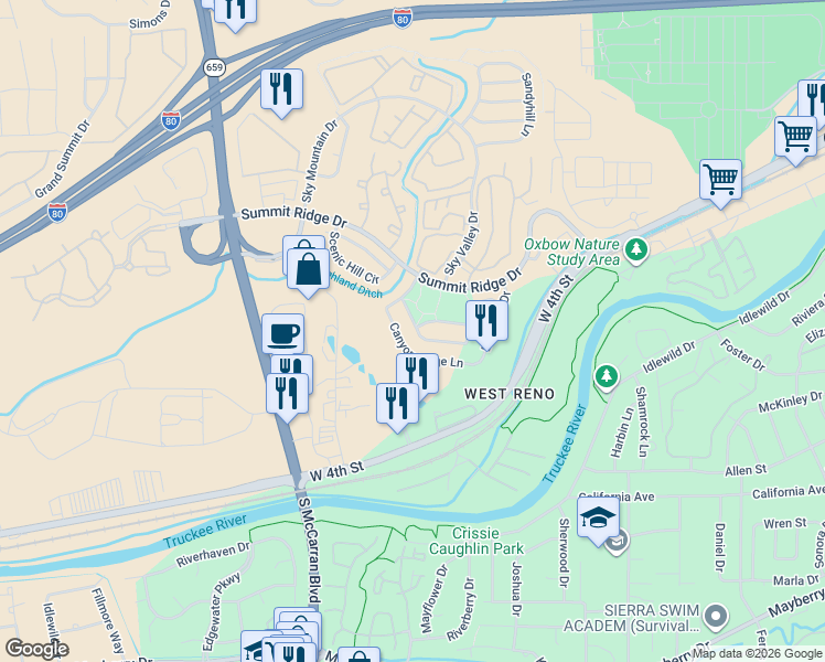 map of restaurants, bars, coffee shops, grocery stores, and more near 4648 Windcrest Drive in Reno