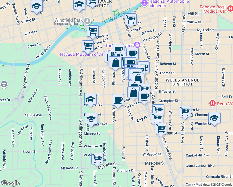 map of restaurants, bars, coffee shops, grocery stores, and more near 720 Plumas Street in Reno