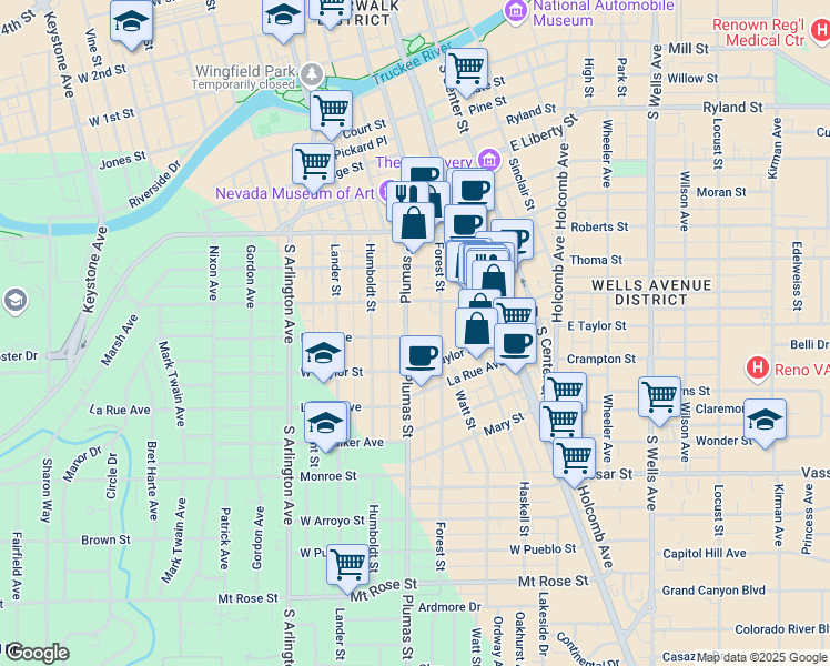 map of restaurants, bars, coffee shops, grocery stores, and more near 720 Plumas Street in Reno