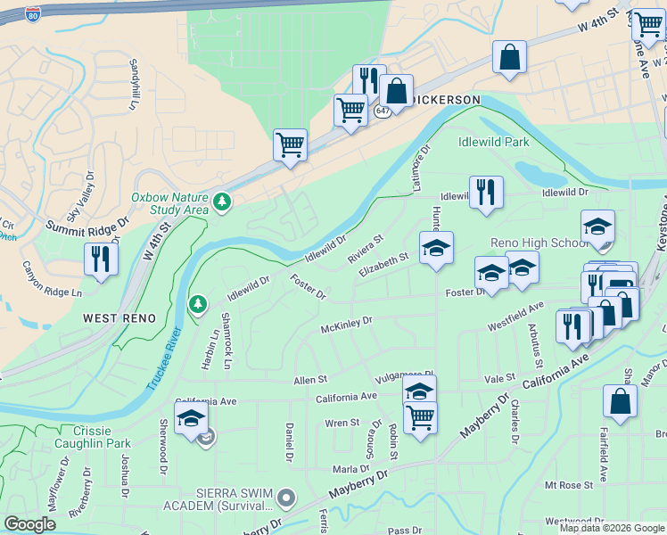 map of restaurants, bars, coffee shops, grocery stores, and more near 2520 Idlewild Drive in Reno