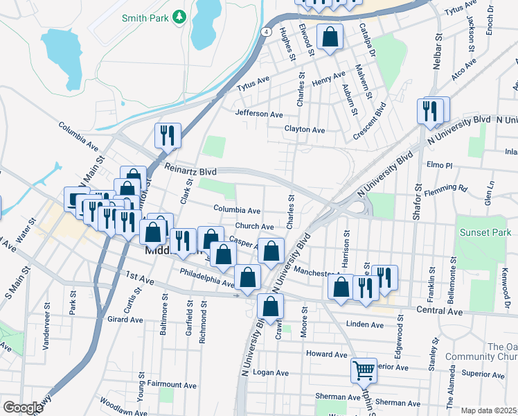 map of restaurants, bars, coffee shops, grocery stores, and more near 306 North Grimes Street in Middletown