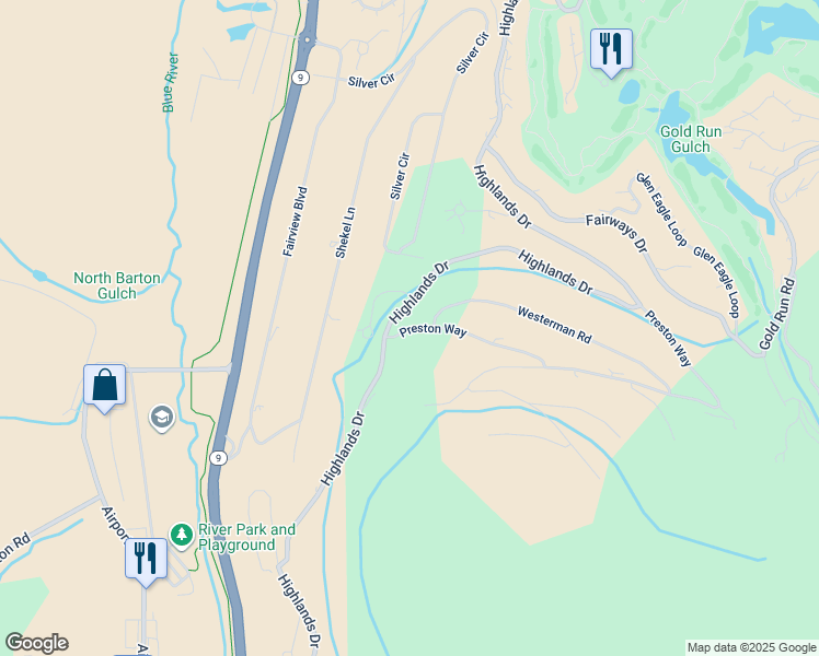 map of restaurants, bars, coffee shops, grocery stores, and more near 1073 Preston Way in Breckenridge