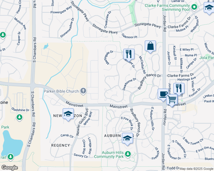 map of restaurants, bars, coffee shops, grocery stores, and more near 16119 Peregrine Drive in Parker