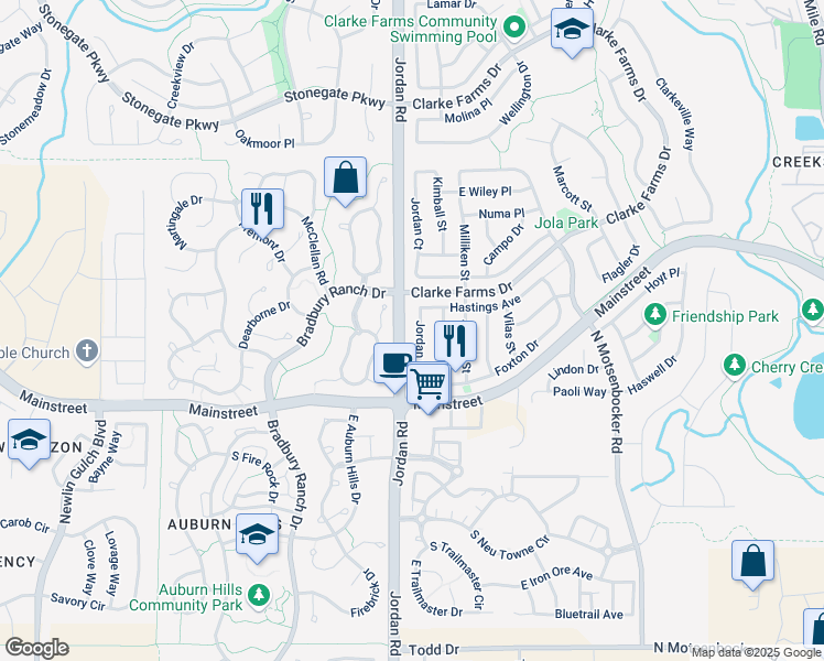 map of restaurants, bars, coffee shops, grocery stores, and more near 11203 Jordan Court in Parker