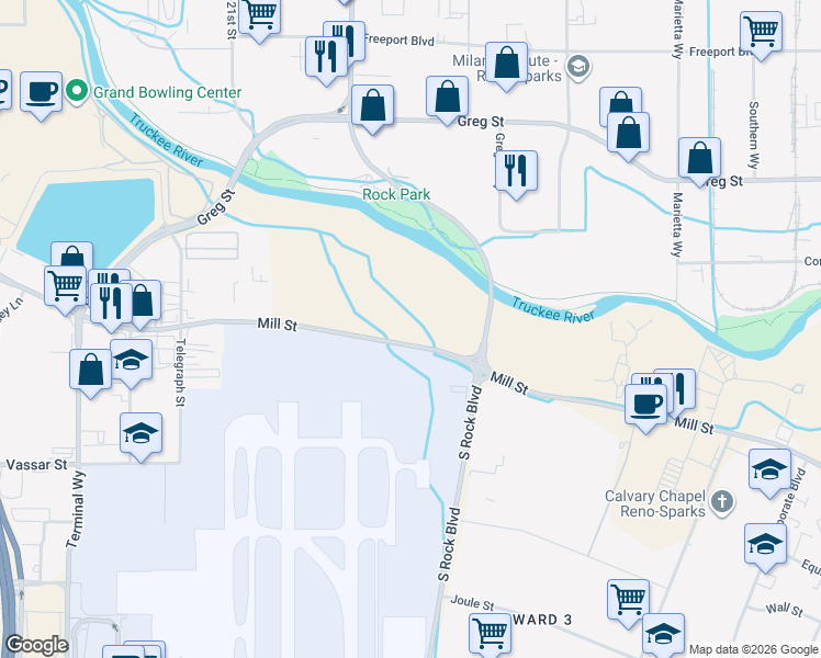 map of restaurants, bars, coffee shops, grocery stores, and more near 3775 Mill Street in Reno