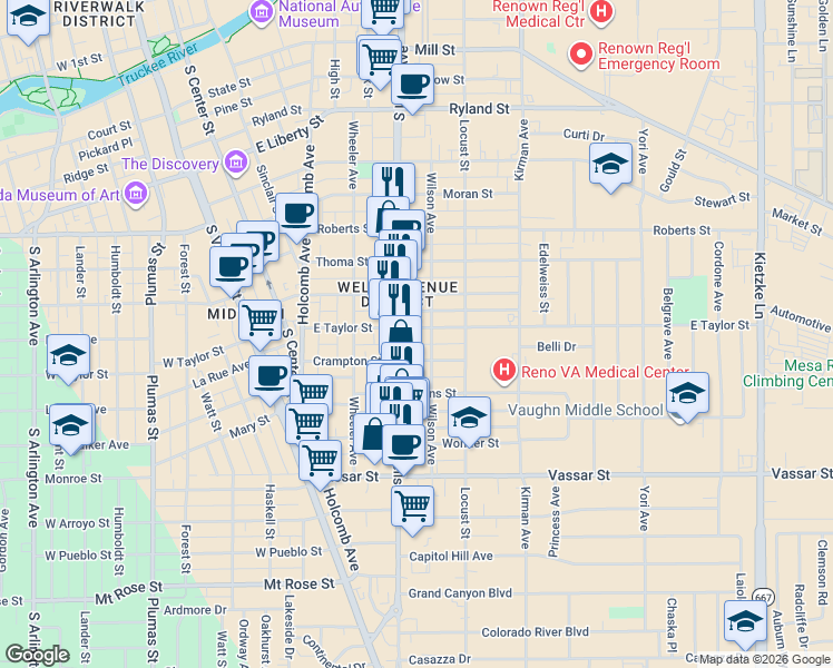 map of restaurants, bars, coffee shops, grocery stores, and more near 499 East Taylor Street in Reno