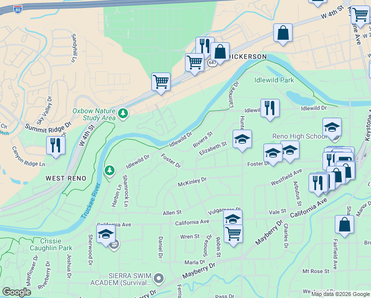 map of restaurants, bars, coffee shops, grocery stores, and more near 2520 Idlewild Drive in Reno