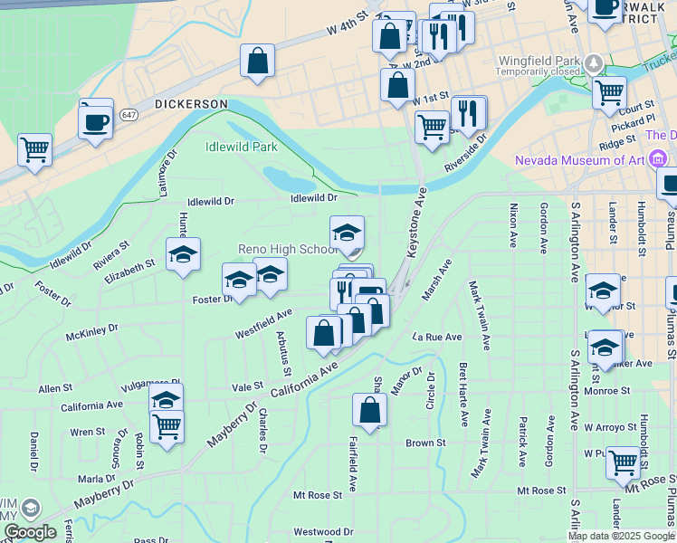 map of restaurants, bars, coffee shops, grocery stores, and more near 395 Booth Street in Reno