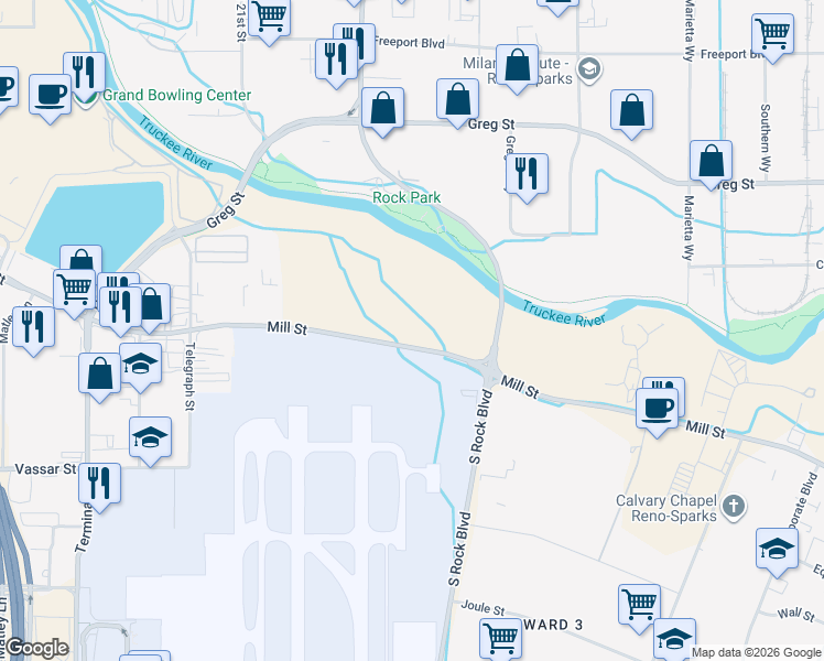 map of restaurants, bars, coffee shops, grocery stores, and more near 3775 Mill Street in Reno