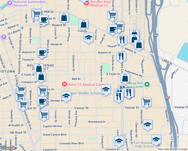 map of restaurants, bars, coffee shops, grocery stores, and more near 1093 East Taylor Street in Reno