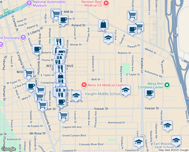 map of restaurants, bars, coffee shops, grocery stores, and more near 815 East Taylor Street in Reno