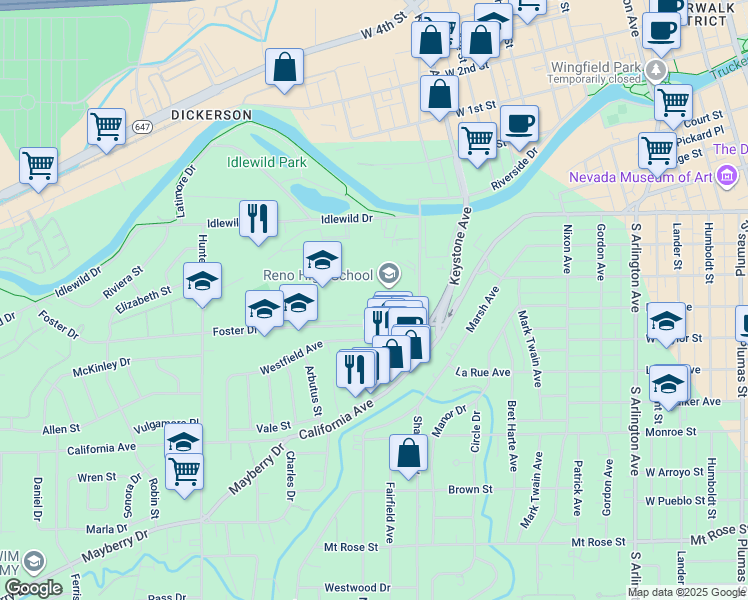 map of restaurants, bars, coffee shops, grocery stores, and more near 395 Booth St in Reno