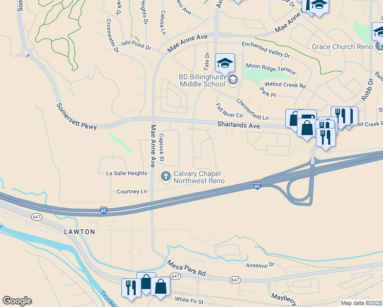 map of restaurants, bars, coffee shops, grocery stores, and more near 6850 Sharlands Avenue in Reno