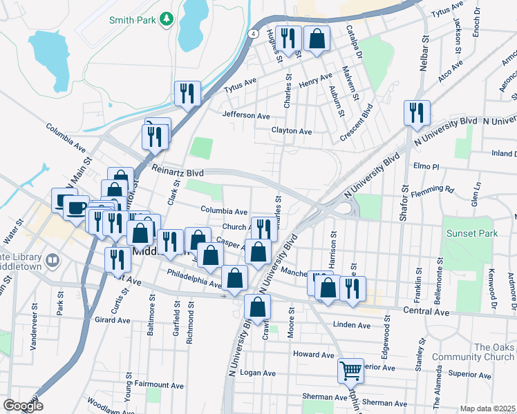 map of restaurants, bars, coffee shops, grocery stores, and more near 314 Charles Street in Middletown