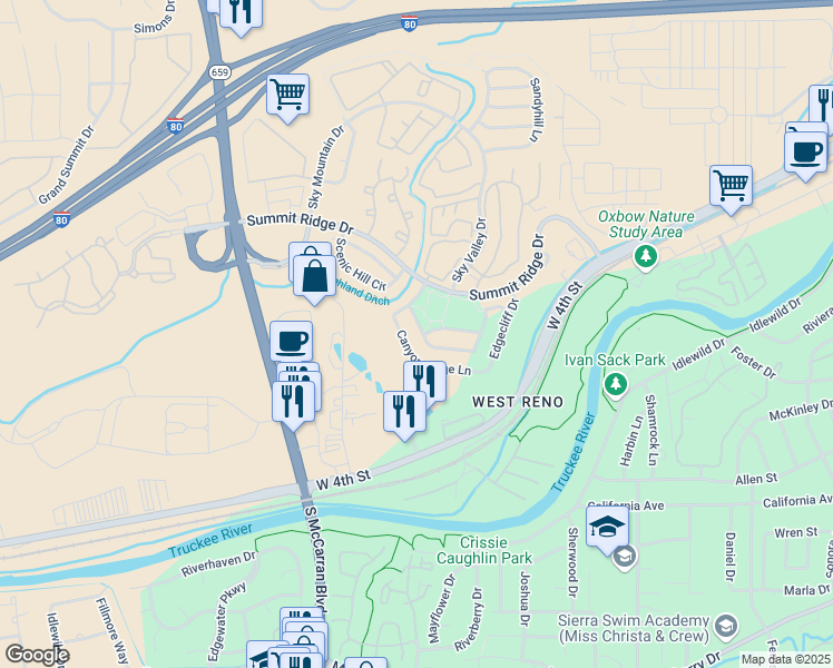 map of restaurants, bars, coffee shops, grocery stores, and more near 4648 Windcrest Drive in Reno