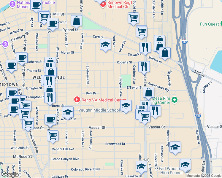 map of restaurants, bars, coffee shops, grocery stores, and more near 1093 East Taylor Street in Reno