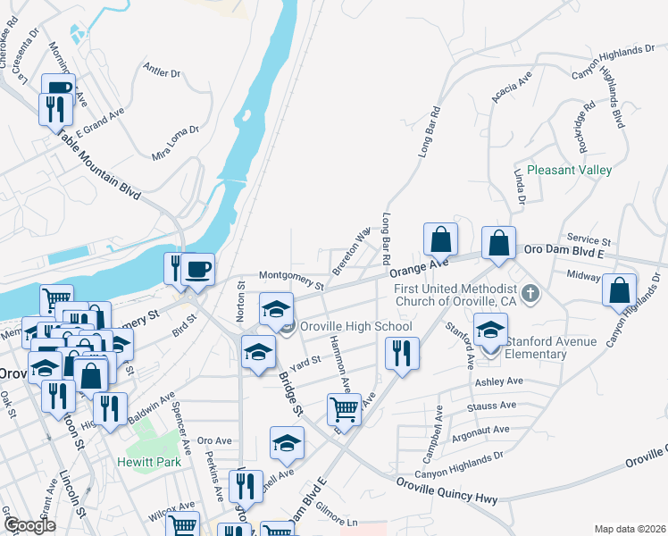 map of restaurants, bars, coffee shops, grocery stores, and more near 3142 Isabelle Terrace in Oroville
