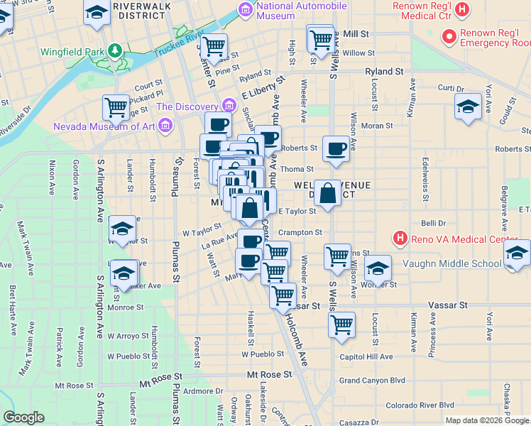 map of restaurants, bars, coffee shops, grocery stores, and more near 824 Holcomb Avenue in Reno