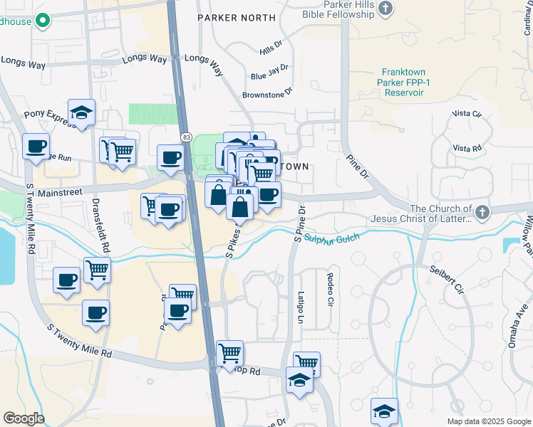 map of restaurants, bars, coffee shops, grocery stores, and more near 19755 Pikes Peak Avenue in Parker