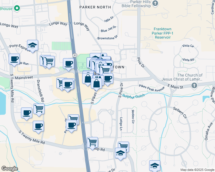 map of restaurants, bars, coffee shops, grocery stores, and more near 19755 Pikes Peak Avenue in Parker