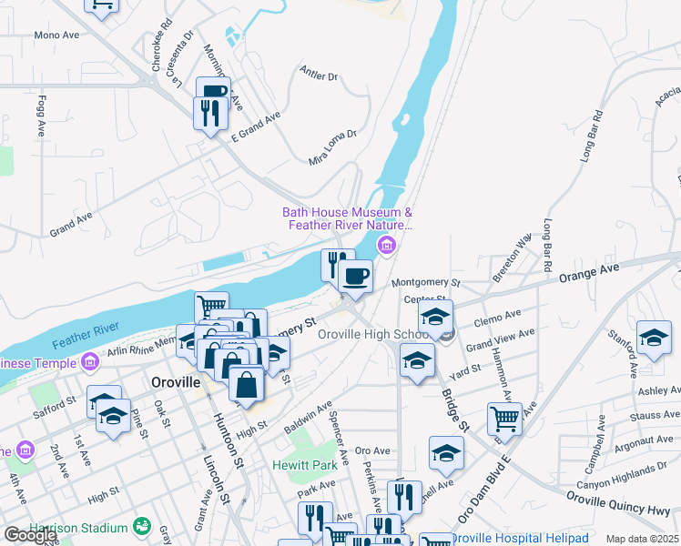 map of restaurants, bars, coffee shops, grocery stores, and more near 1210 Washington Avenue in Oroville