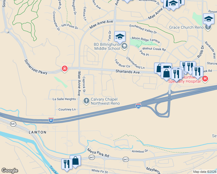 map of restaurants, bars, coffee shops, grocery stores, and more near 6850 Sharlands Avenue in Reno