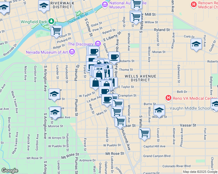 map of restaurants, bars, coffee shops, grocery stores, and more near 855 South Center Street in Reno