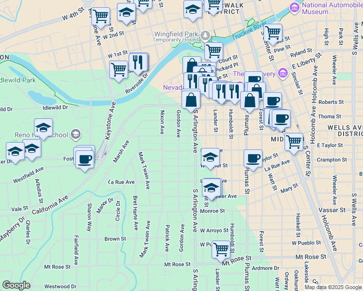 map of restaurants, bars, coffee shops, grocery stores, and more near 722 Gordon Avenue in Reno