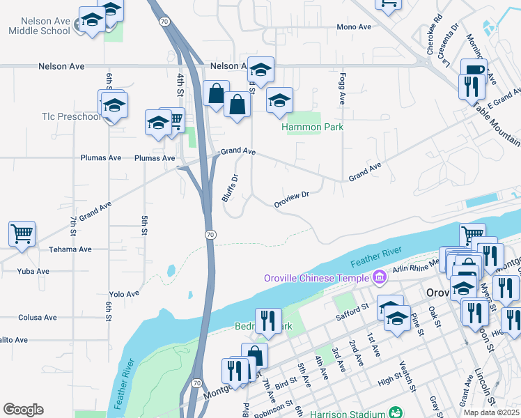 map of restaurants, bars, coffee shops, grocery stores, and more near 175 Oroview Drive in Oroville