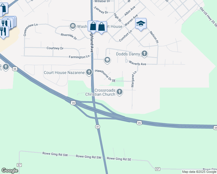 map of restaurants, bars, coffee shops, grocery stores, and more near 178 Hawthorne Drive Southeast in Washington Court House