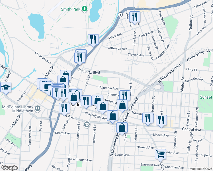 map of restaurants, bars, coffee shops, grocery stores, and more near 306 North Leibee Street in Middletown