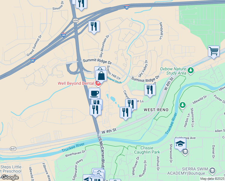map of restaurants, bars, coffee shops, grocery stores, and more near 850 Twin Lakes Dr in Reno