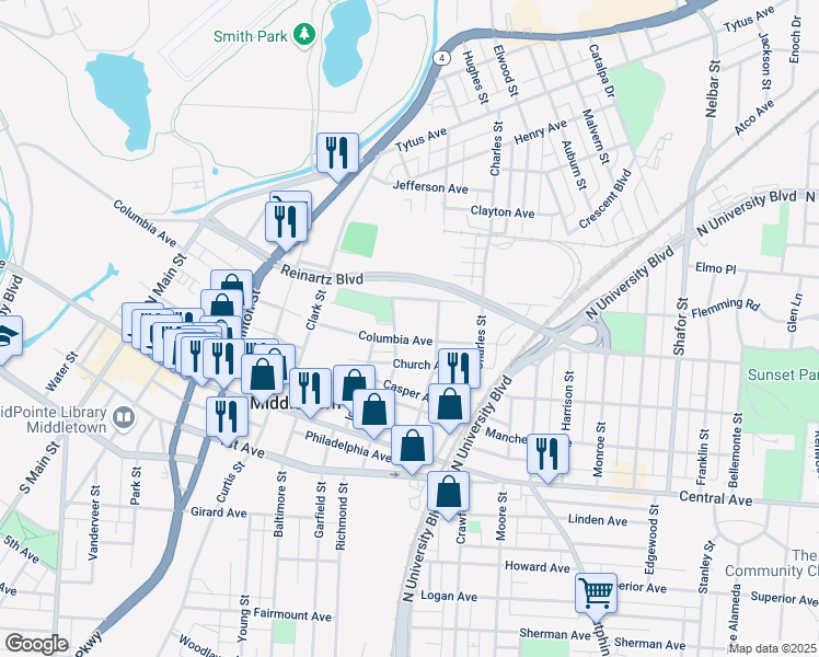 map of restaurants, bars, coffee shops, grocery stores, and more near 306 North Leibee Street in Middletown