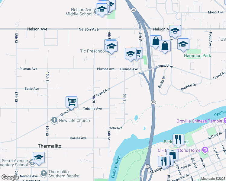 map of restaurants, bars, coffee shops, grocery stores, and more near 559 Grand Avenue in Oroville