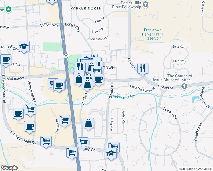map of restaurants, bars, coffee shops, grocery stores, and more near in Parker