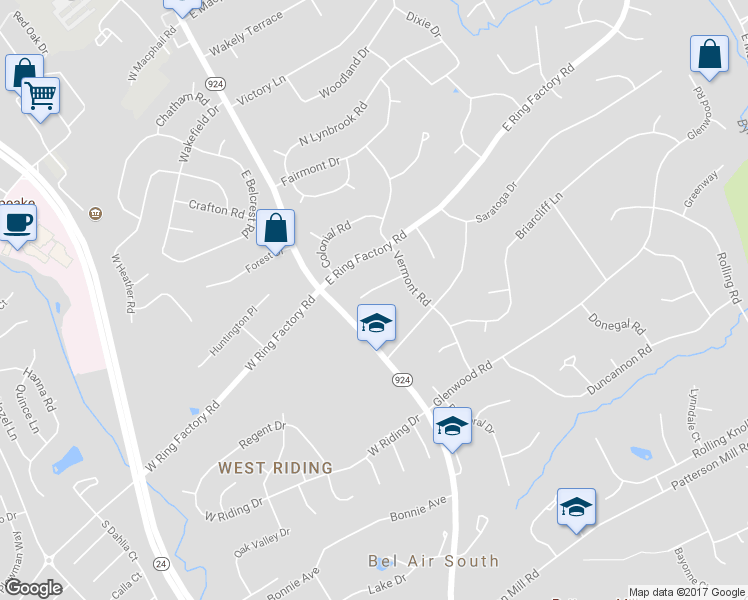 map of restaurants, bars, coffee shops, grocery stores, and more near 9 Vermont Place in Bel Air