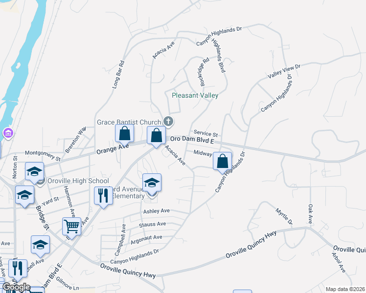 map of restaurants, bars, coffee shops, grocery stores, and more near 15 Highlands Boulevard in Oroville
