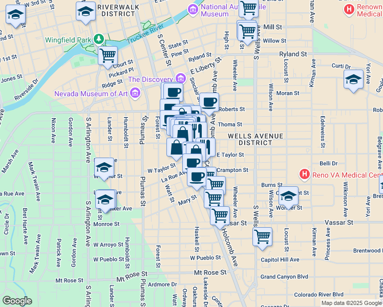 map of restaurants, bars, coffee shops, grocery stores, and more near 827 South Center Street in Reno