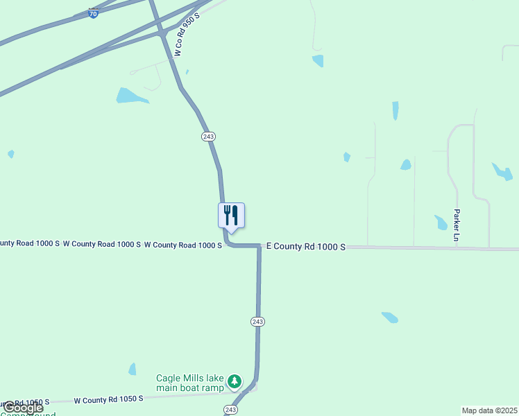 map of restaurants, bars, coffee shops, grocery stores, and more near 9357-9923 Indiana 243 in Cloverdale