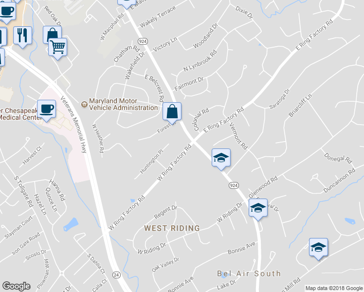 map of restaurants, bars, coffee shops, grocery stores, and more near 4 West Ring Factory Road in Bel Air