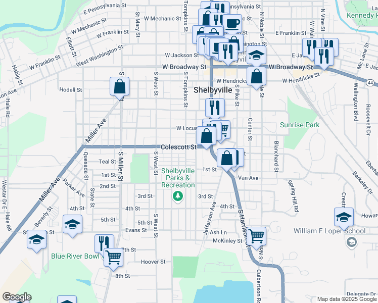 map of restaurants, bars, coffee shops, grocery stores, and more near 115 Colescott Street in Shelbyville