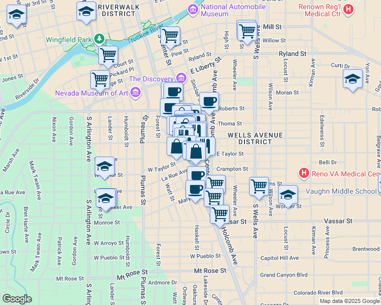 map of restaurants, bars, coffee shops, grocery stores, and more near 827 South Center Street in Reno