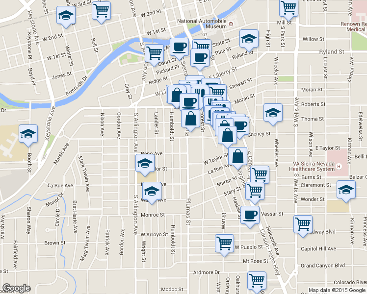 map of restaurants, bars, coffee shops, grocery stores, and more near 720 Plumas Street in Reno